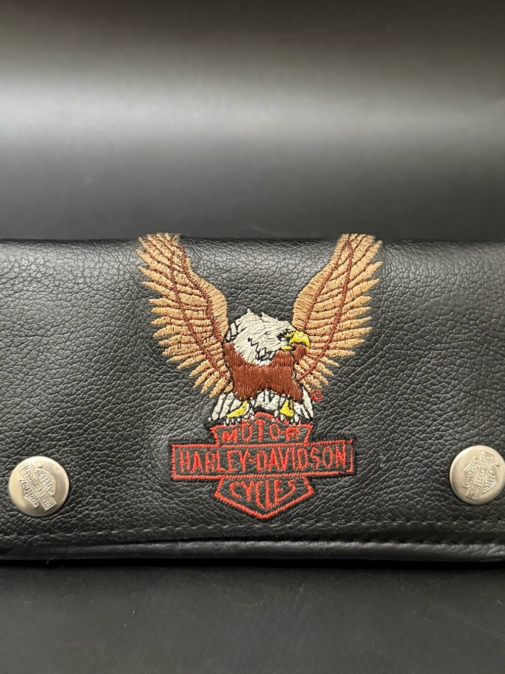 Vintage Harley-Davidson Black Embroidered Eagle Biker Wallet 6”X3.5” NO CHAIN - Picture 2 of 15